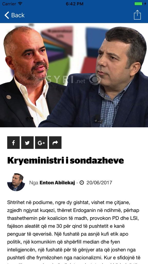Syri - Captura de pantalla de un artículo de noticias en la aplicación Syri que presenta una discusión política albanesa