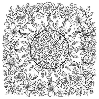 Celebrate the vibrant energy of spring with this captivating coloring page featuring a stylized sun. Intricate patterns reminiscent of sunspots are beautifully framed by a lush garland of blooming spring flowers, perfect for creative relaxation.