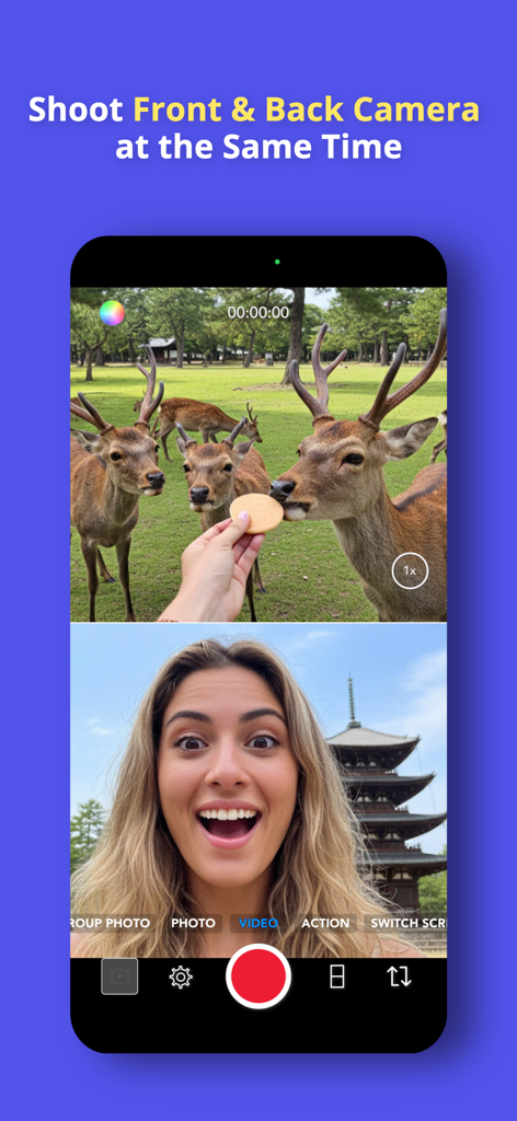 MixCam: Front and Back Camera - MixCam app interface showing a split-screen recording of the back camera and a front camera reaction simultaneously