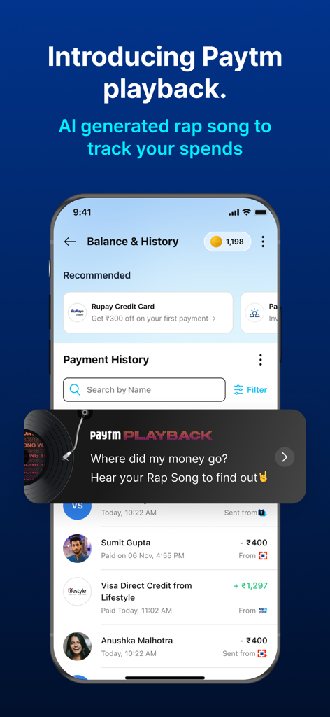 Interfaz de la aplicación Paytm que muestra la función Playback, que utiliza una canción de rap generada por IA para ayudar a los usuarios a rastrear su historial de gastos.