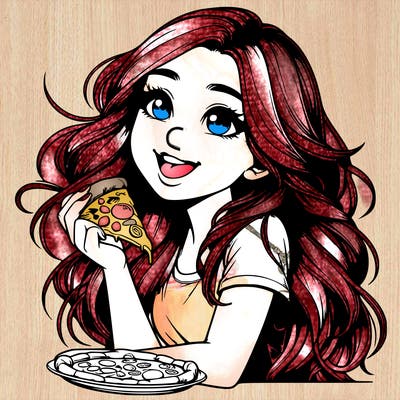 realistic girl with long hair and she's eating pizza