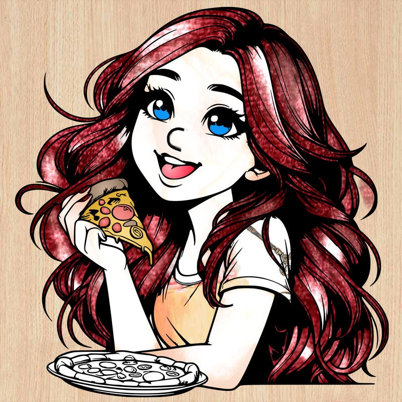 realistic girl with long hair and she's eating pizza