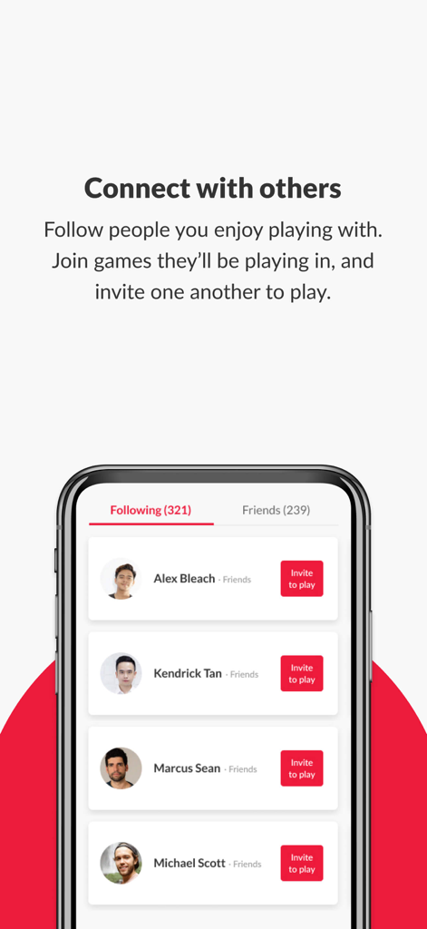 Mobile screen of the Stranger Soccer app showing a list of followed players with options to invite them to join a game