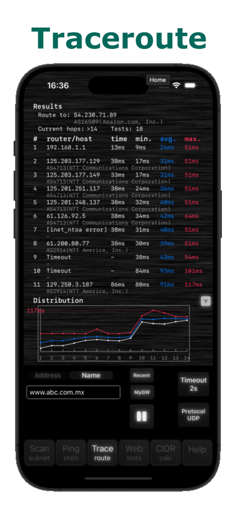 Handy Net Tools - Handy Net Tools traceroute screen showing network hop details and latency distribution chart