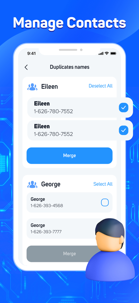 Quick Cleaner : Clean Storage - Interfaccia dell'app Quick Cleaner che mostra la funzione di unione dei contatti duplicati.