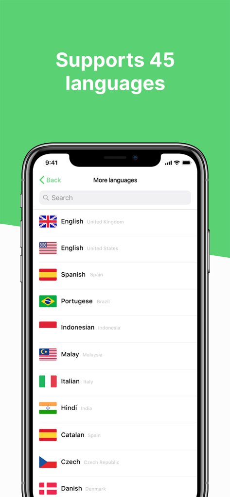 Voicepop - Turn Voice To Text - A smartphone screen from the Voicepop app listing various languages available for voice message transcription.