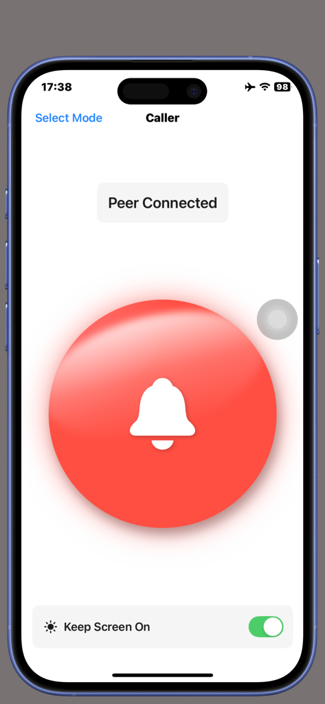 CallBell - Pager for Home Shop - The caller interface of the CallBell app with a prominent red call button and a Peer Connected notification