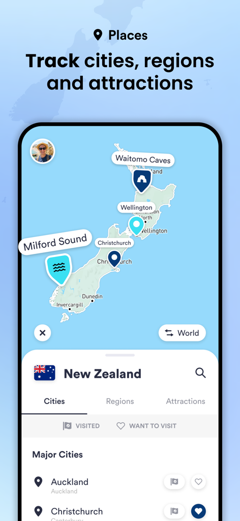 A mobile screenshot of the Skratch app displaying a map of New Zealand with marked cities and travel attractions.
