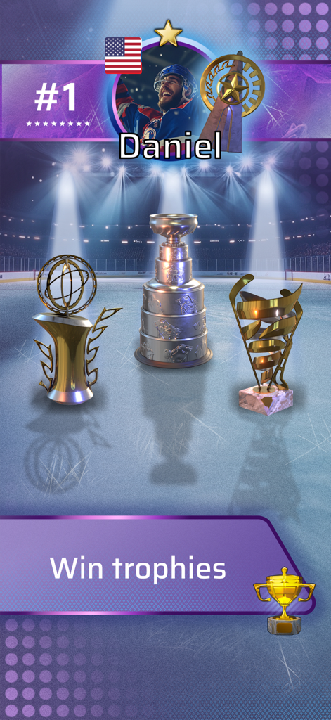 Três troféus de campeonato exibidos em uma pista de gelo em PowerPlay Ice Hockey PvP Game