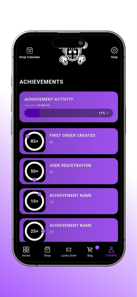 OM NEWYORK - Achievements screen in the OM NEWYORK app showing loyalty points and user reward progress.