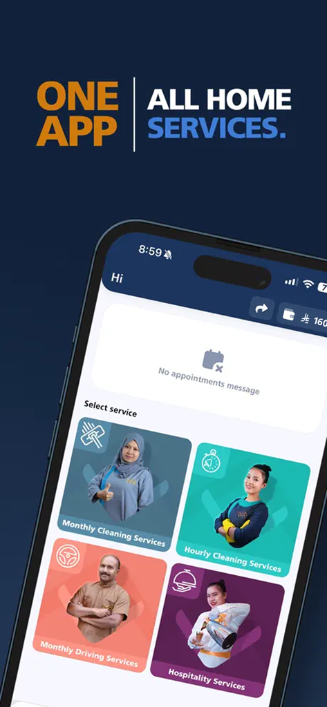 Jawahr - Domestic workforce - Jawahr mobile app showing cleaning driving and hospitality home services options