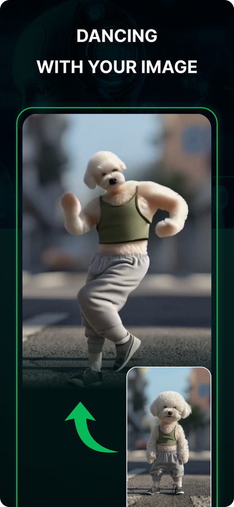 FaceAi - Reface & Dream Face - AI-generated video of a dog dancing with the caption Dancing with your image