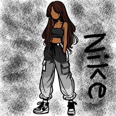 girl in baggy pants crop top and long hair