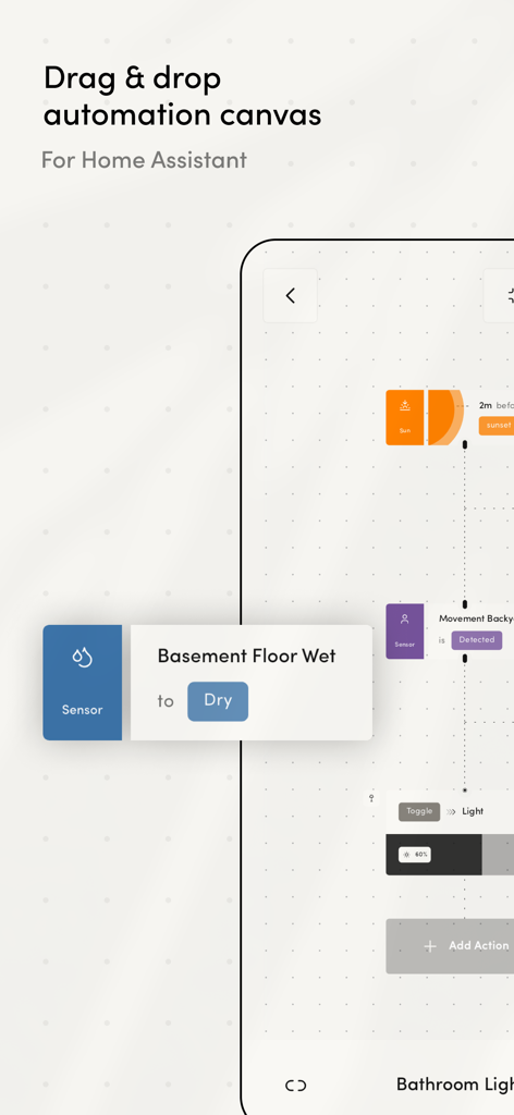 Automations for Home Assistant - Interface of the Home Assistant automation builder showing a visual drag and drop canvas with sensor and action blocks