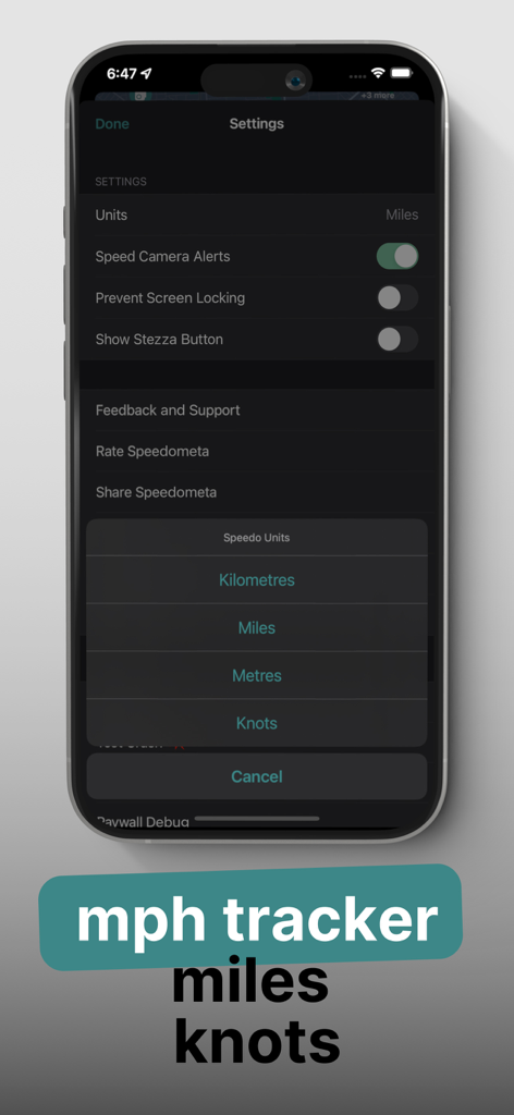 GPS Speedometer HUD - GPSスピードメーターHUDアプリの設定メニューで、マイルやノットなどの速度単位を選択