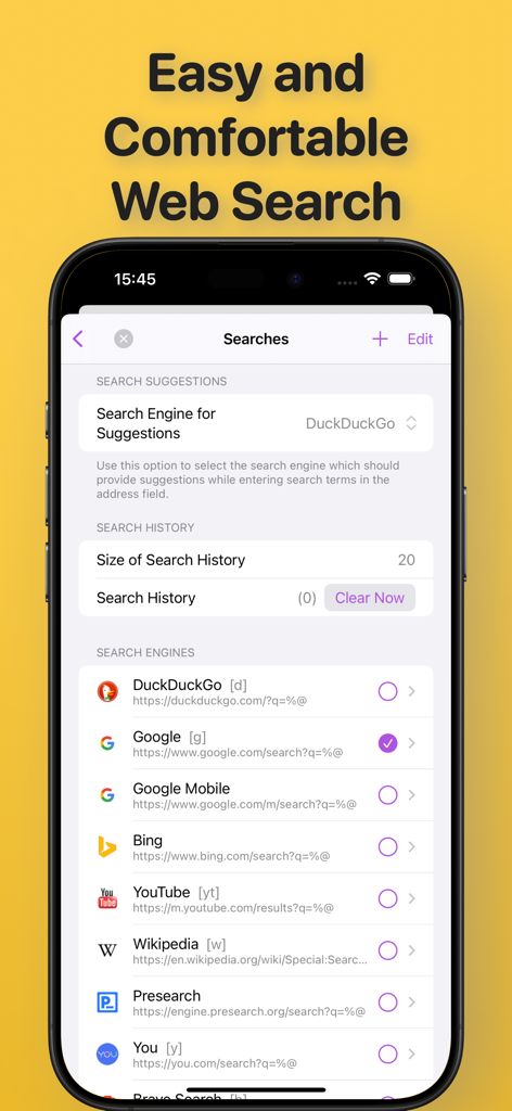 iCab Mobile 브라우저 검색 엔진 선택 및 기록 설정 화면
