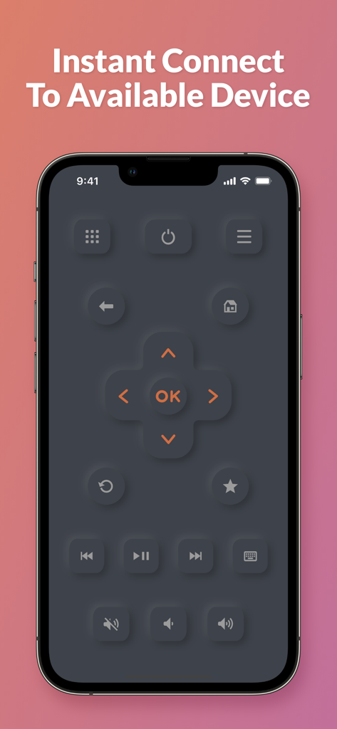 TV Remote ‣ - Pantalla del iPhone mostrando la interfaz de la aplicación Control Remoto TV con un panel de control en modo oscuro