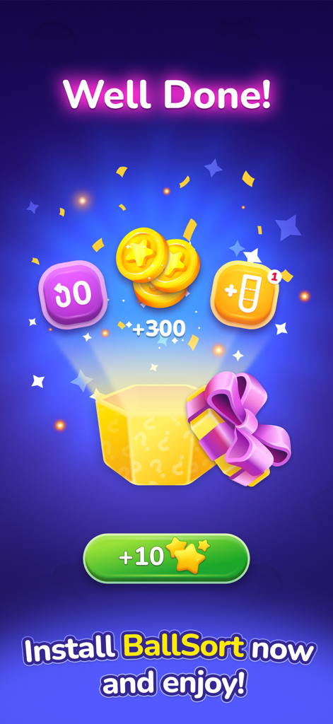 Ball Sort - Color Puzzles - A reward screen in Ball Sort puzzle game showing coins and power-ups from an open gift box with a Well Done message