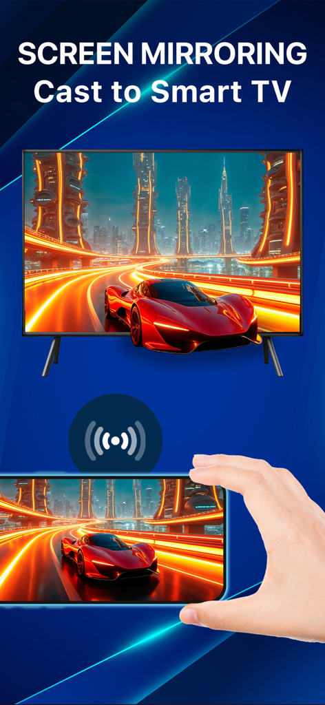 A hand holding a smartphone mirroring its screen content to a large smart TV using the universal remote app