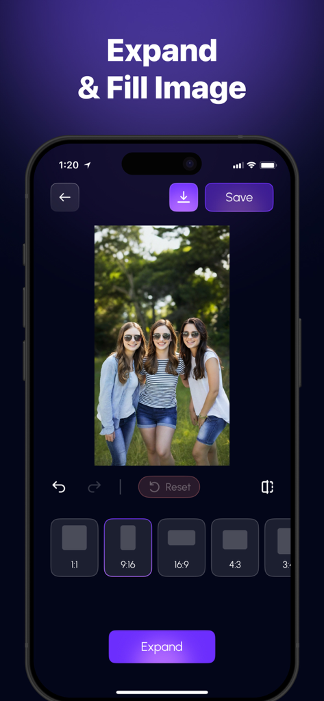 L'interfaccia dell'app RPQ che mostra la funzione Espandi e Riempi Immagine con diverse opzioni di proporzioni per l'editing di una foto di gruppo.