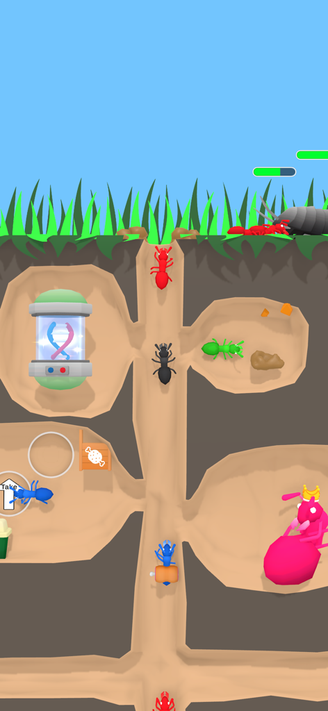 Empire of Ants - Idle Game - Cross section view of an underground ant colony with colorful ants and various chambers in Empire of Ants Idle Game.