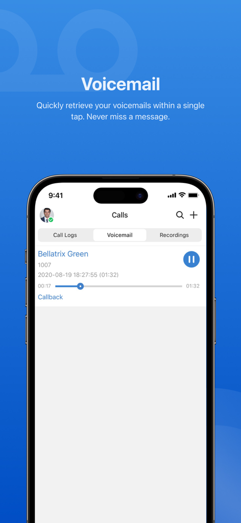 Yeastar Linkus Mobile Client - Yeastar Linkus app voicemail playback screen showing contact details and message timeline