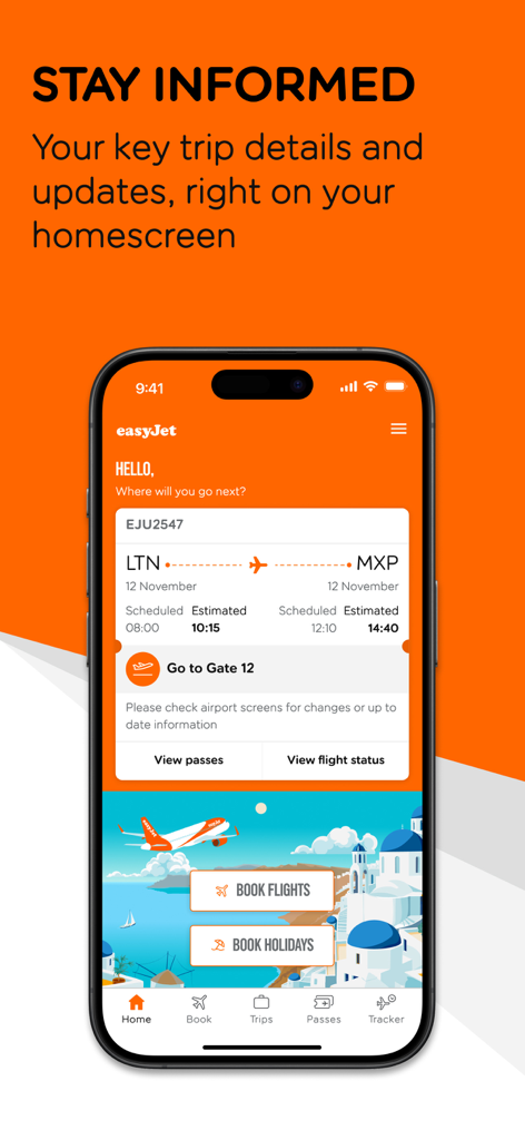 easyJet旅行アプリのホーム画面。スマートフォンにフライト詳細と予約オプションが表示されています。