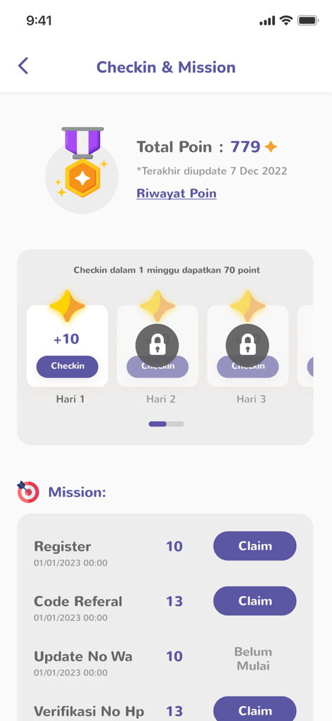 Youniverse - Community - Youniverse community app checkin and mission rewards screen showing points and daily tasks
