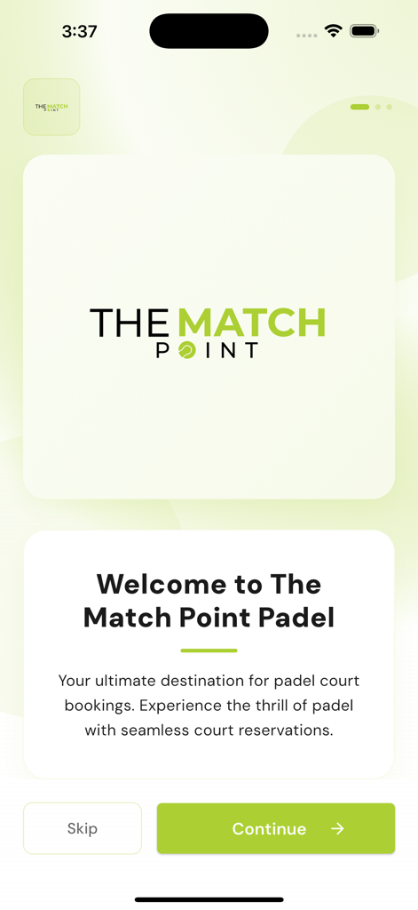 The Match Point PK - Pantalla de bienvenida de la aplicación The Match Point Padel para reservar pistas