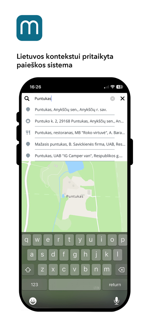 Maps.lt - Maps.lt app screenshot showing the search interface with location suggestions for Puntukas in Lithuania.