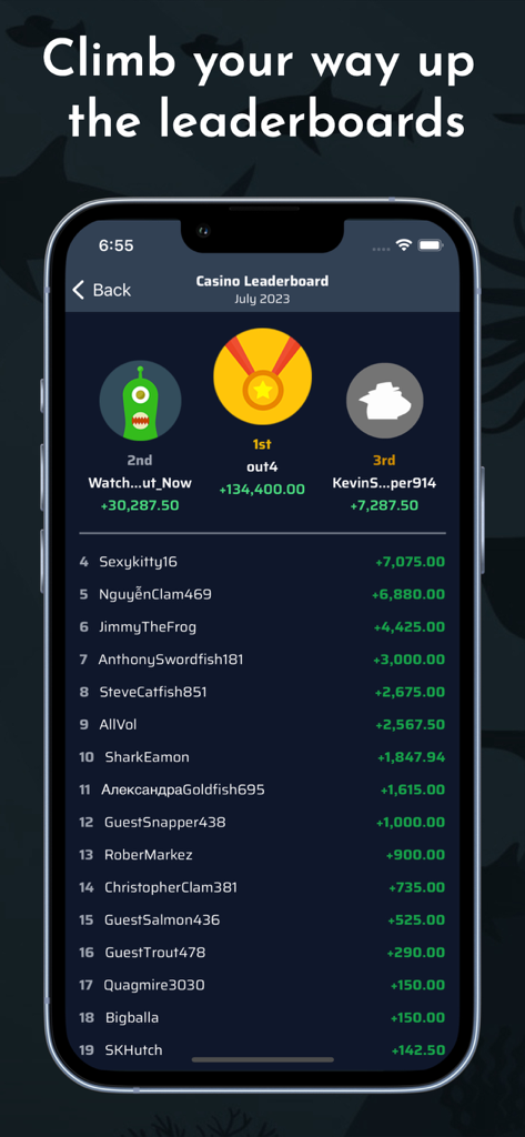 Shark Casino and Sportsbook - 상어 카지노 및 스포츠북의 최고 플레이어 순위와 점수를 보여주는 월간 카지노 리더보드를 보여주는 모바일 화면