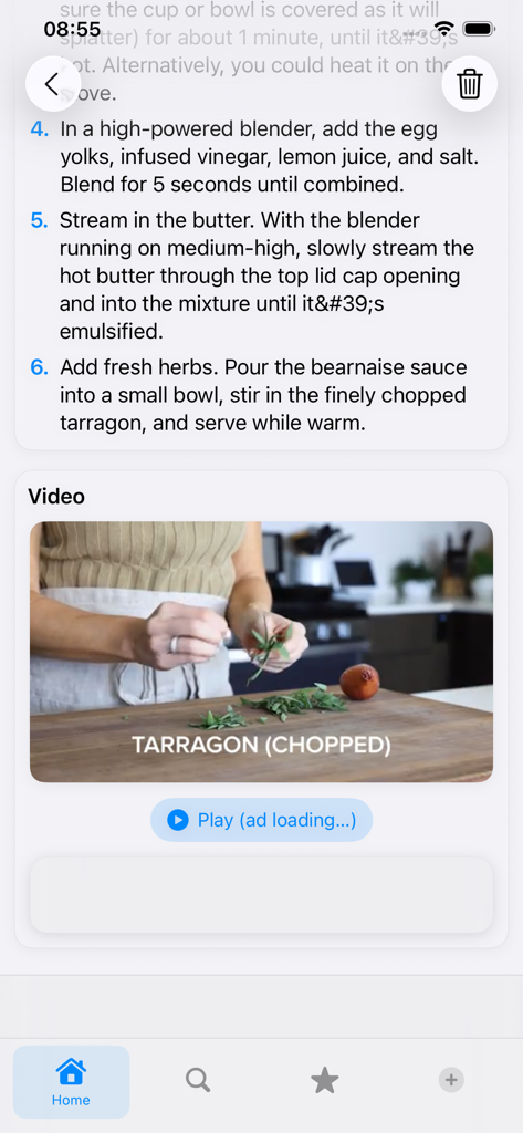 RecipeNotes – For Pro Chefs - La interfaz de la aplicación RecipeNotes mostrando pasos de cocina numerados y un vídeo tutorial incrustado para picar hierbas frescas.