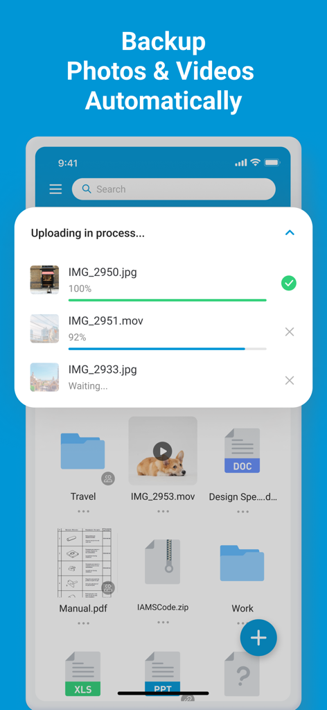 myHPcloud - Interface of the myHPcloud app showing the progress of automatic photo and video uploads