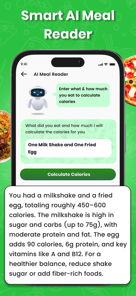 Interfaz de AI Meal Reader que muestra el conteo de calorías y consejos nutricionales para alimentos registrados por texto
