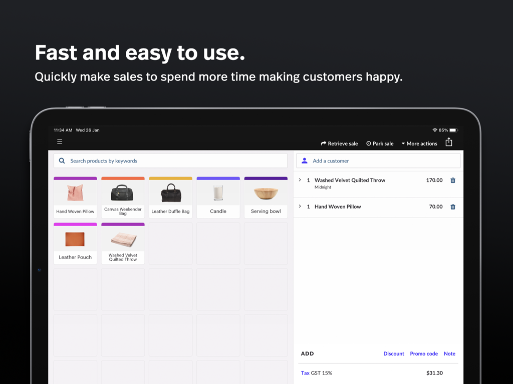Lightspeed Retail POS X interface on iPad showing a product catalog and active checkout sidebar.