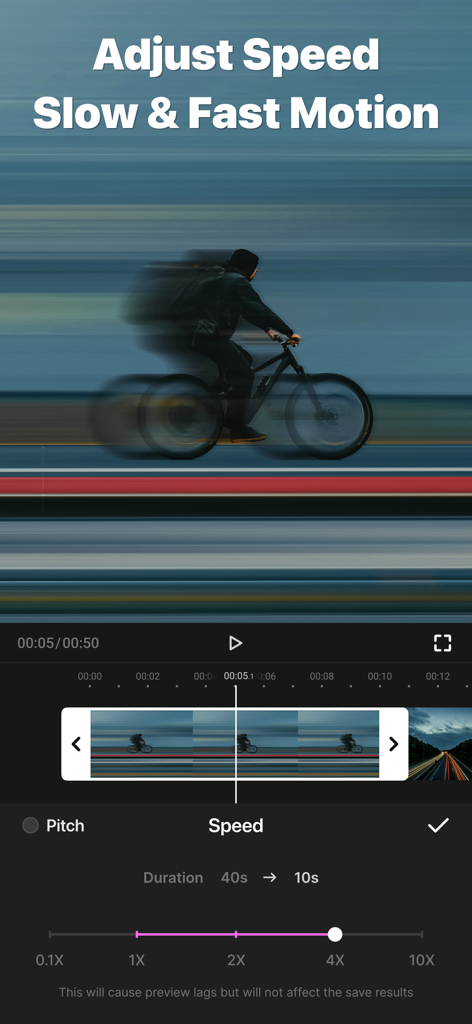 FotoPlay - Video Editor - FotoPlay 동영상 편집기 인터페이스. 느린 속도 및 빠른 속도 효과를 위한 속도 조절 기능을 보여줍니다.