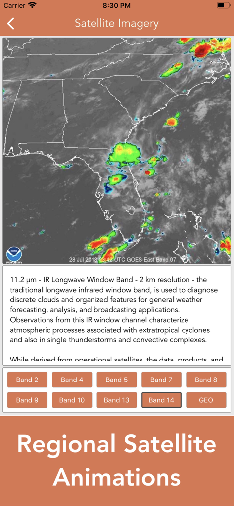 지역 애니메이션 및 기술 적외선 밴드 데이터를 보여주는 Wildfire 앱의 위성 영상 화면