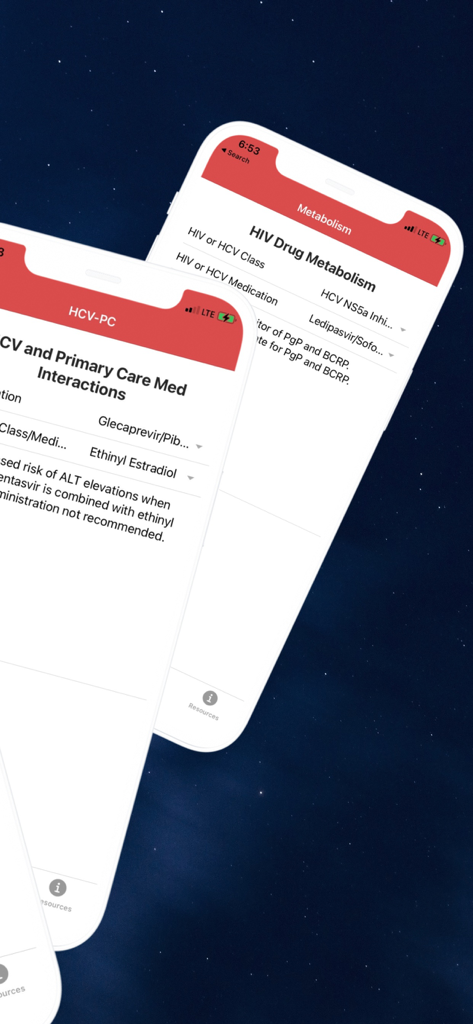 HIV-HCV clinical app showing drug metabolism and interactions screens