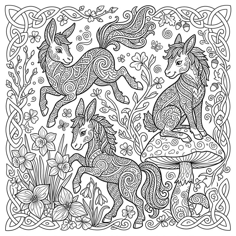 Discover the enchanting world of Pookas, mischievous Celtic spirits, reimagined in stunning Zentangle patterns. This delightful Spring-themed coloring page invites you to bring blooming flowers and playful creatures to life with your unique palette.