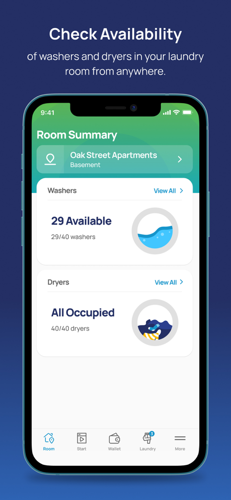 Interface do aplicativo móvel CSC GO mostrando a disponibilidade em tempo real de máquinas de lavar e secar em uma lavanderia de apartamento