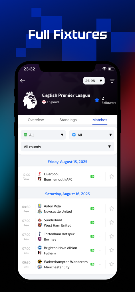 AiScore app screen showing English Premier League soccer fixtures and match schedule.