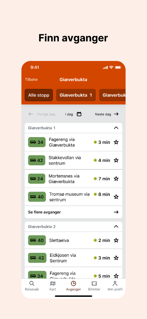Svipper - Svipper mobile app interface displaying real-time bus departures for Giæverbukta station in Troms