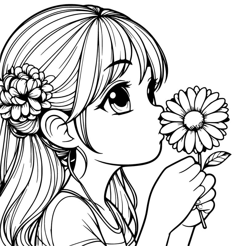 realistic girl smelling beautiful flower