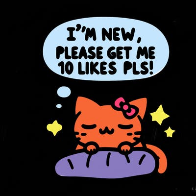 kitty taking a nap dream talking and saying "i'm new, please get me at least 10 likes pls!!"