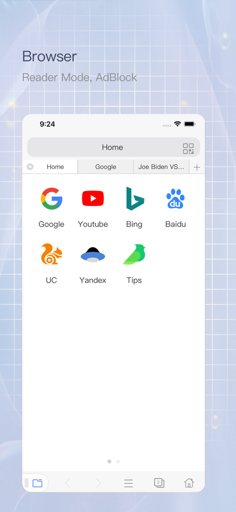 Navegador web integrado en la aplicación Files Go con bloqueador de anuncios y accesos directos a sitios web
