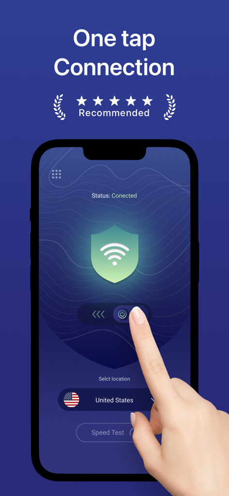 Una interfaz móvil de Super VPN Master mostrando a un usuario tocando un botón de alternancia para establecer una conexión segura de un solo toque con un servidor en los Estados Unidos.