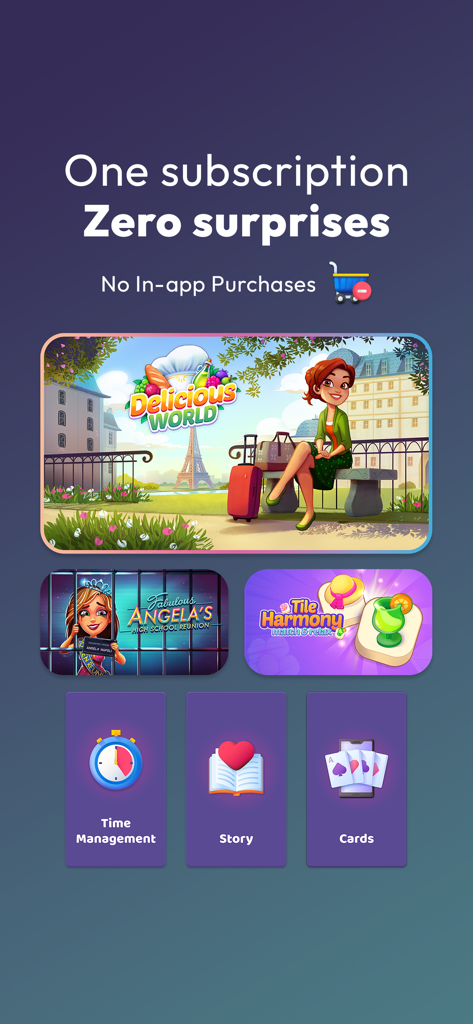 Promotion of gamehouse plus subscription with zero surprises and no in-app purchases featuring game categories like Time Management and Story.