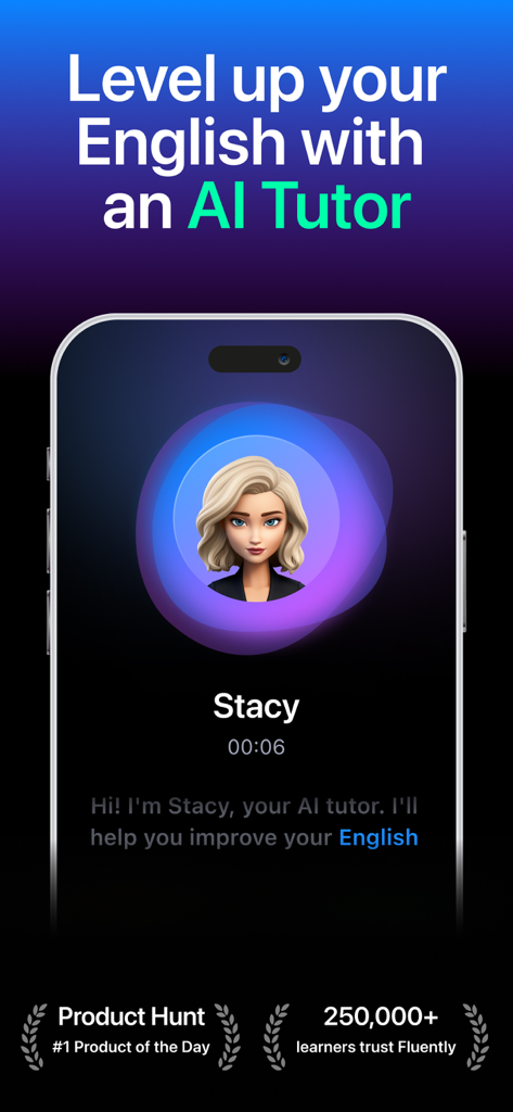 Fluently - AI English Tutor - AIチューターのアバターと英語スピーキング練習テキストが特徴のFluentlyアプリのインターフェース