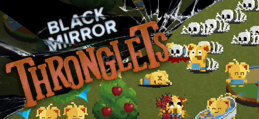 Black Mirror: Thronglets - Superposición del título de Black Mirror Thronglets sobre una simulación de mascota pixel art con un efecto de pantalla agrietada