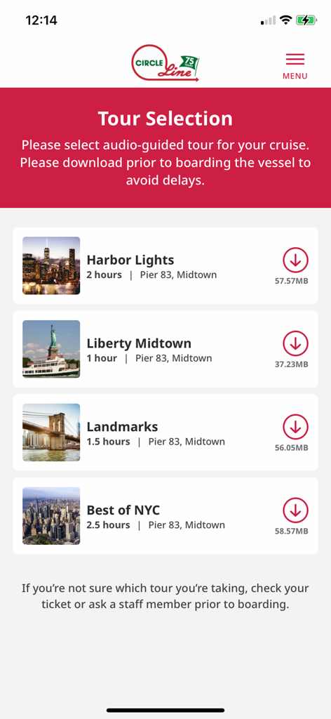 Pantalla de la aplicación Circle Line Sightseeing que muestra una lista de tours guiados por audio en barco disponibles, incluyendo Harbor Lights, Liberty Midtown, Landmarks y Best of NYC.